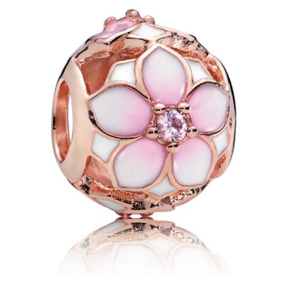 PANDORA Rose™ Magnolia Bloom Charm Authentic Blush Crystal Cerise Enamel - Picture 1 of 11